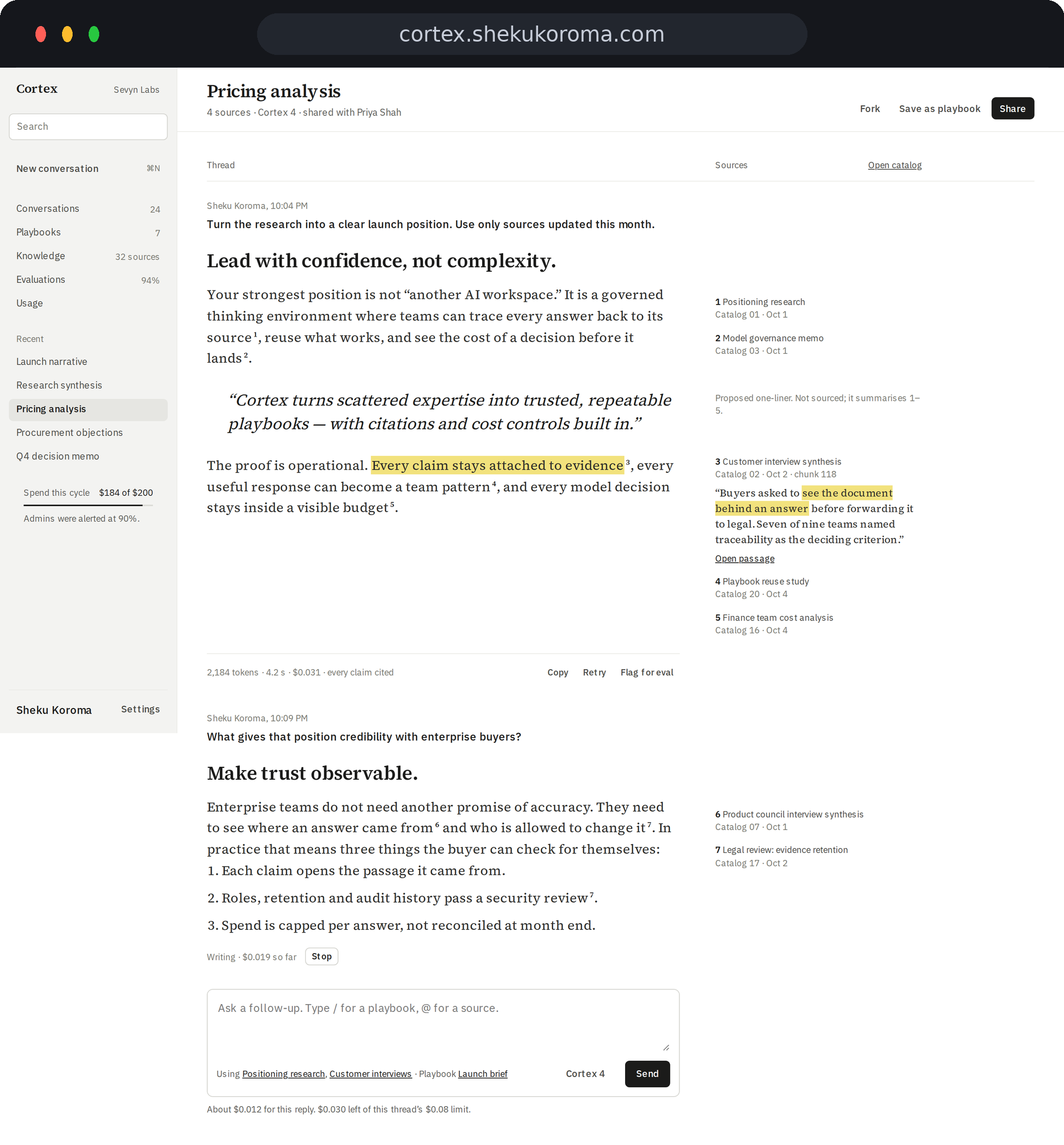 Cortex — Answer thread with citations UI screenshot