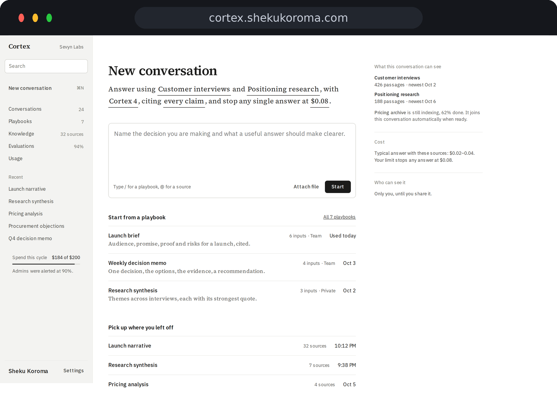 Cortex — New conversation UI screenshot
