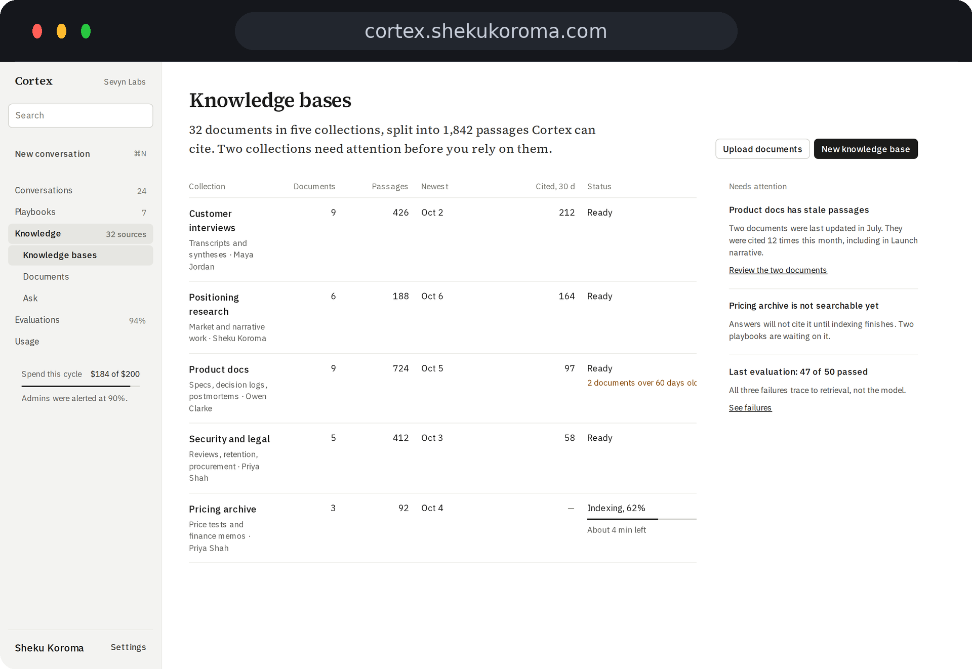 Cortex — Knowledge bases UI screenshot