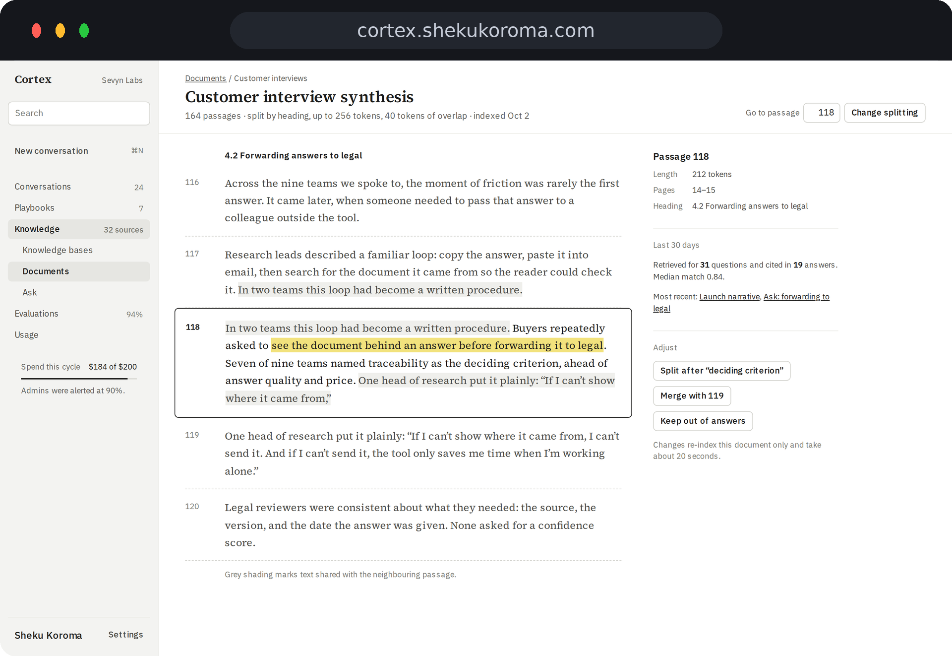 Cortex — Passage inspector UI screenshot