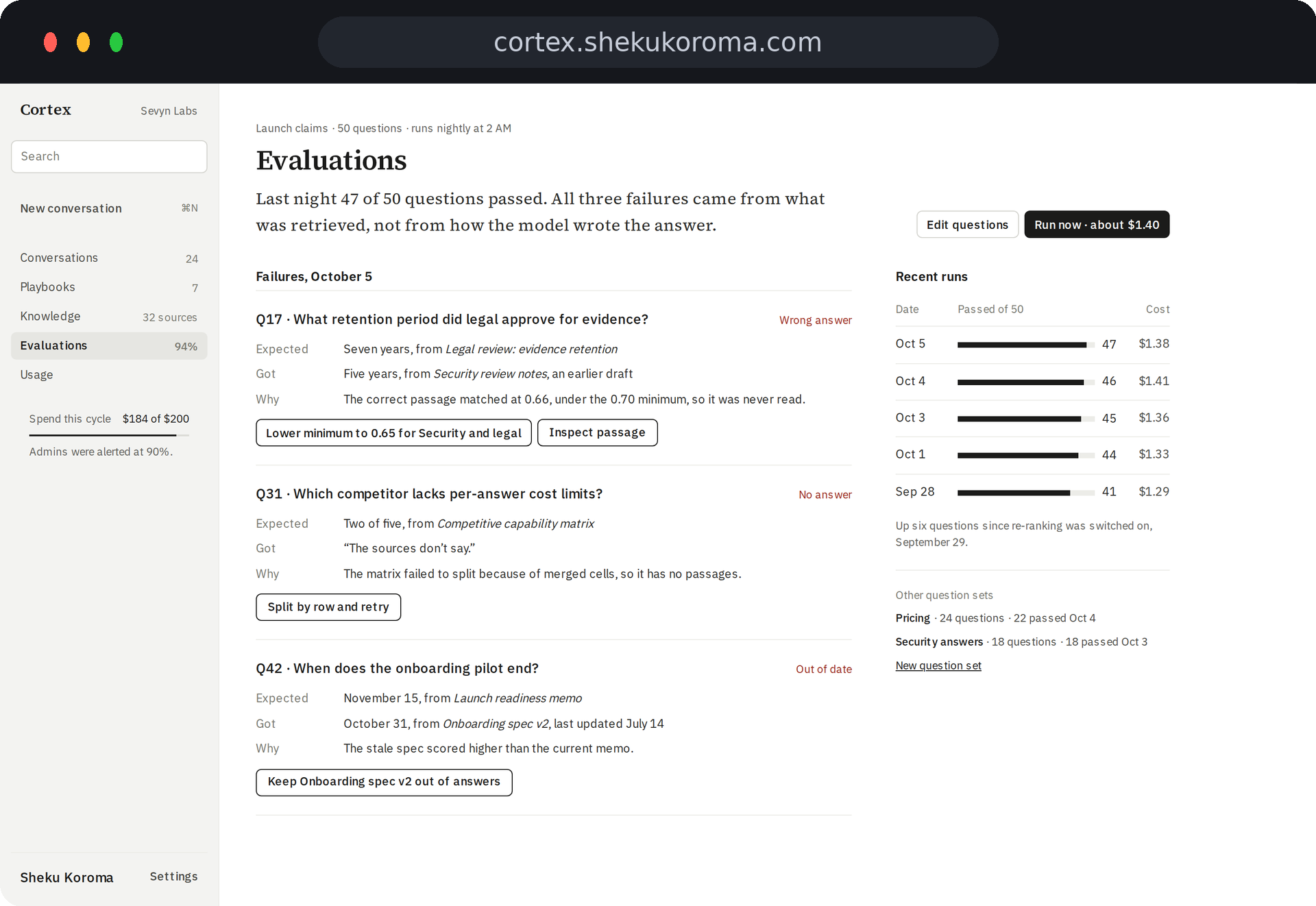 Cortex — Evaluations UI screenshot