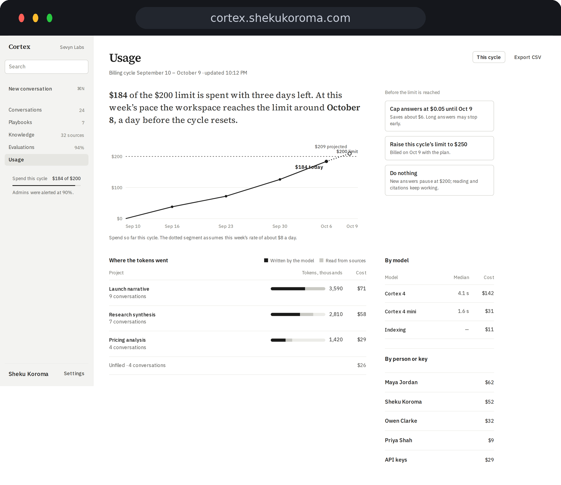 Cortex — Usage & budget analytics UI screenshot