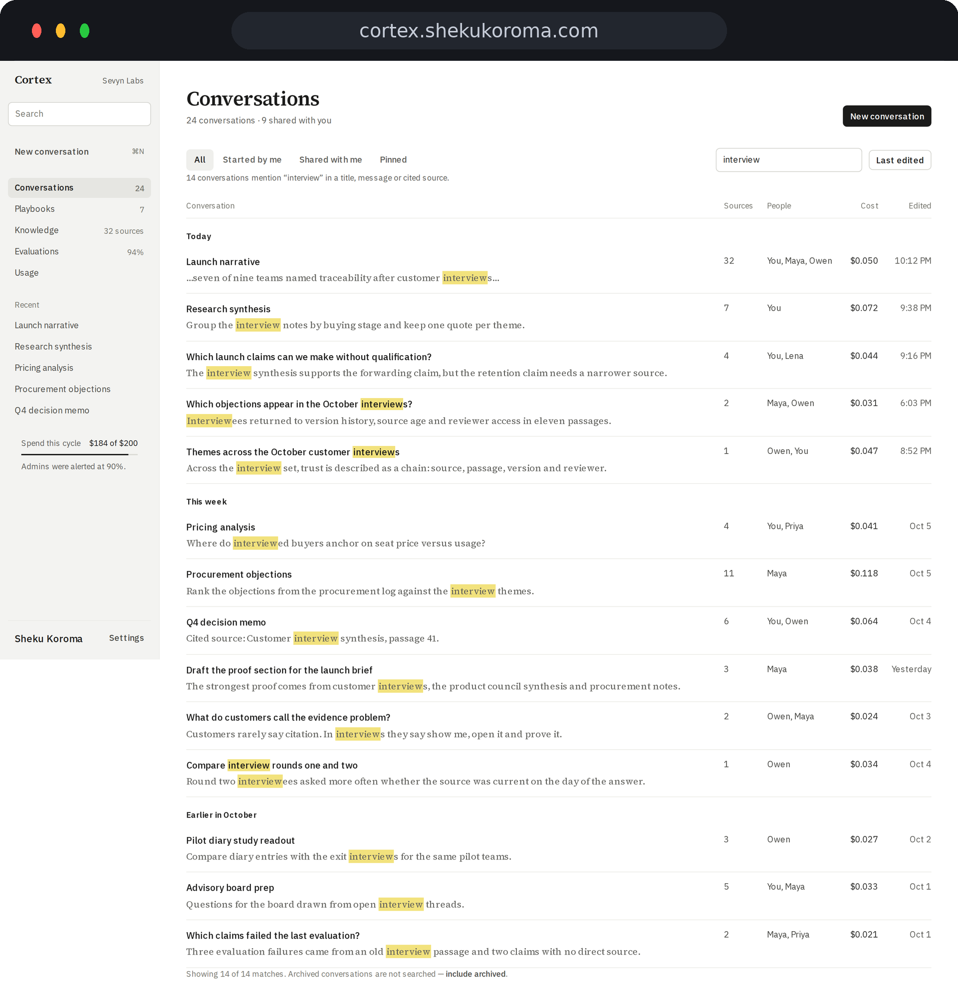 Cortex — Conversation history UI screenshot
