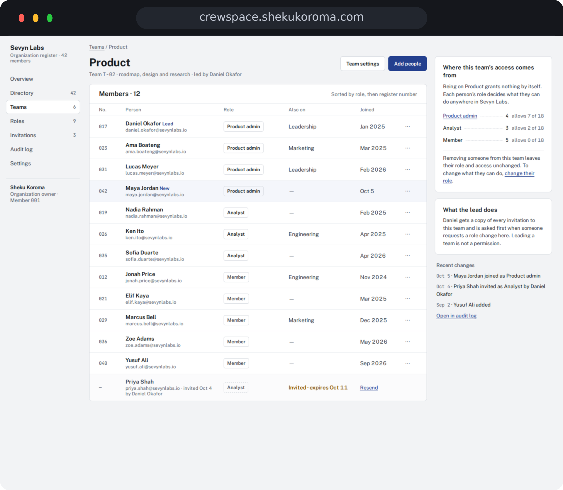 Crewspace — Team detail UI screenshot