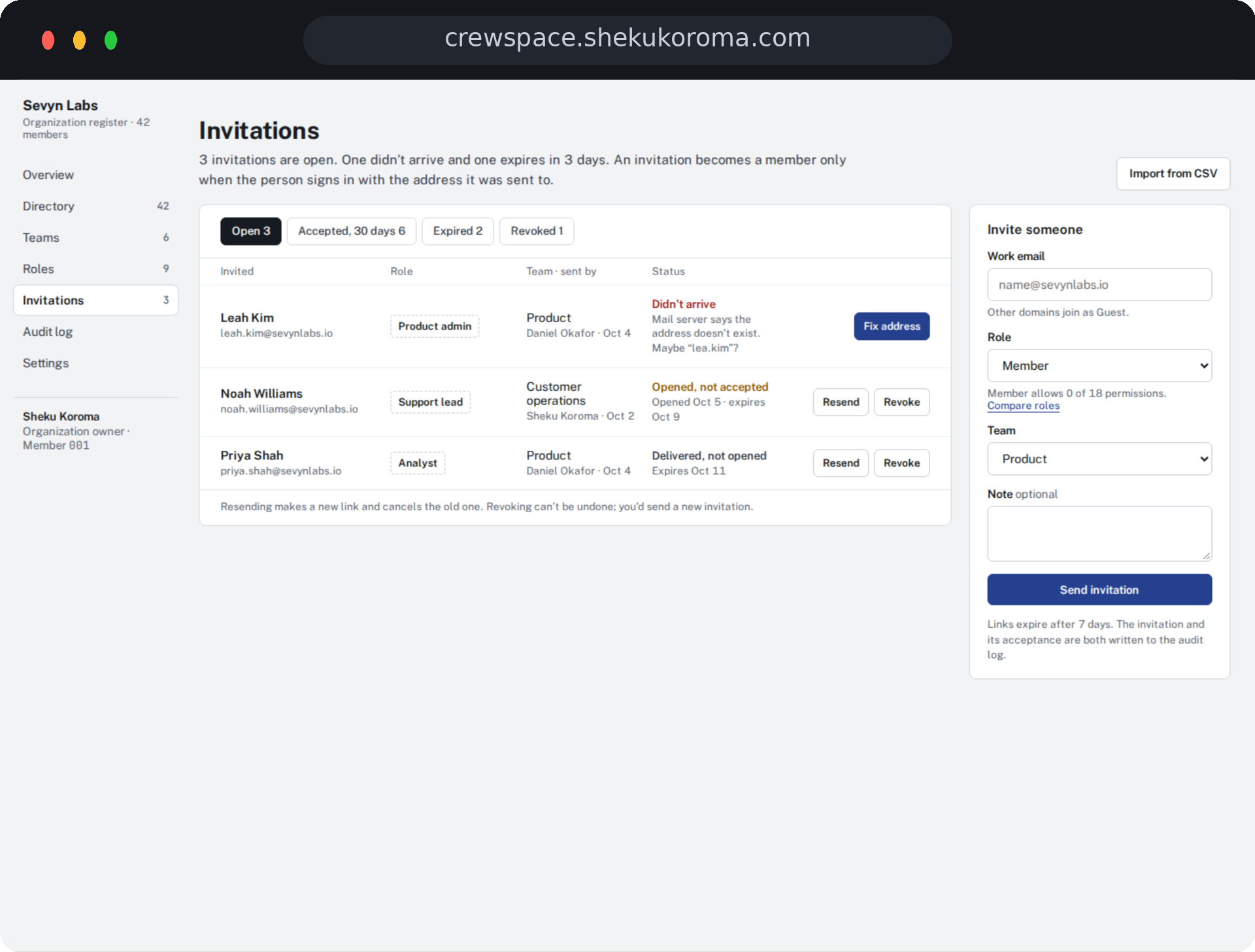 Crewspace — Invitations UI screenshot
