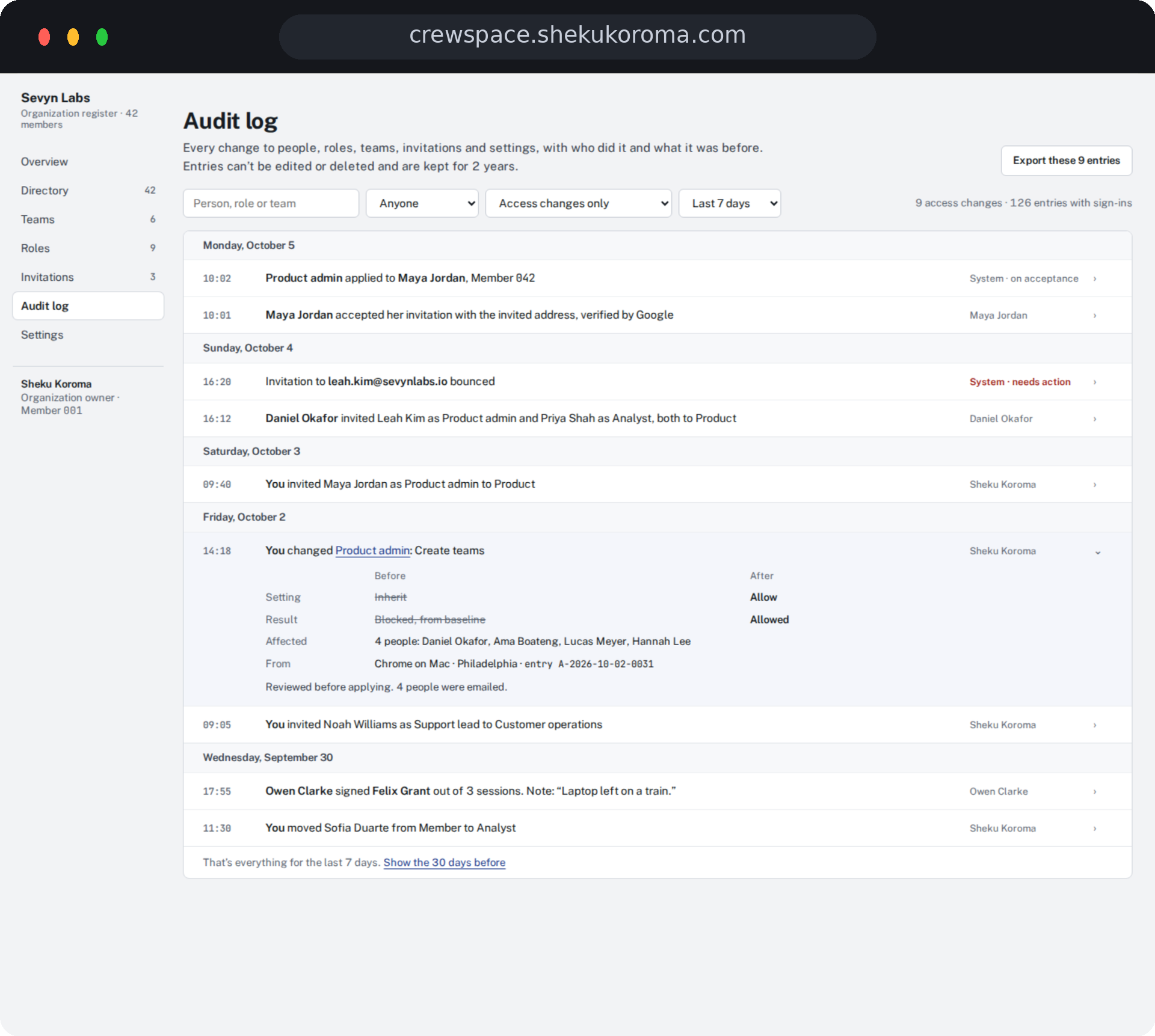 Crewspace — Audit log UI screenshot