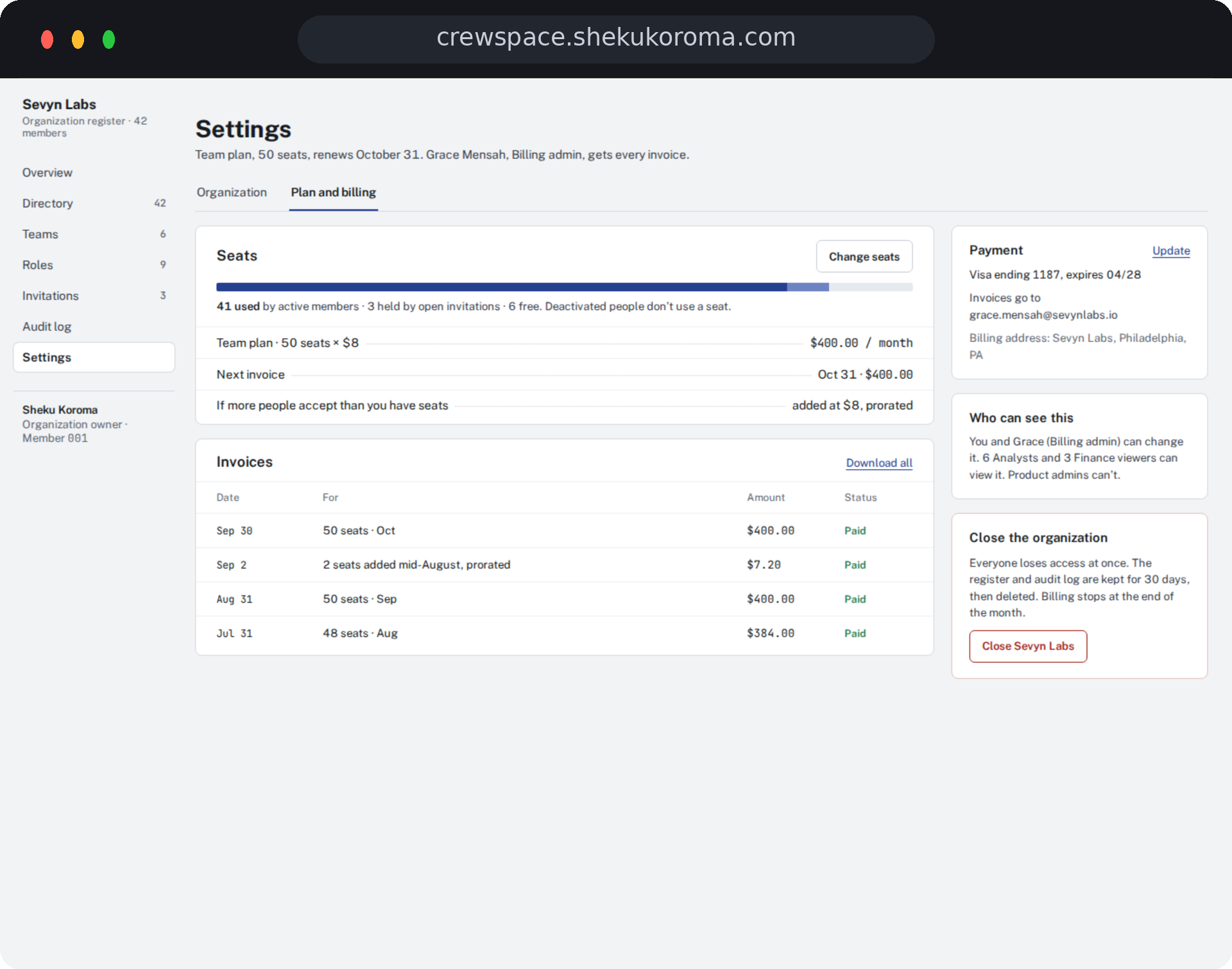 Crewspace — Plan & billing UI screenshot