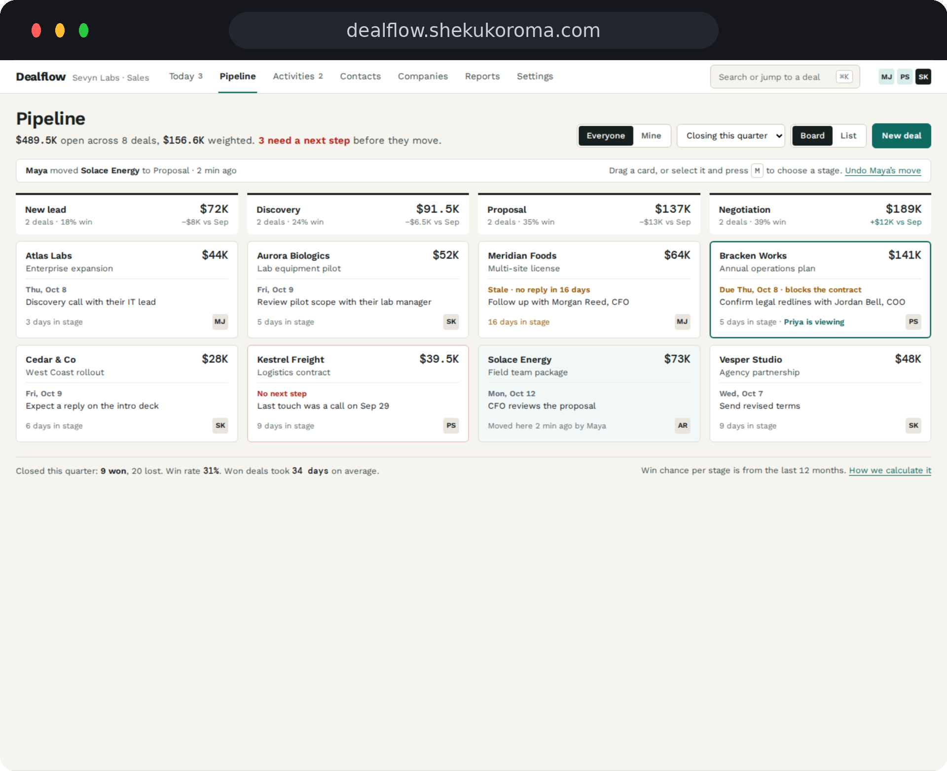 Dealflow — Pipeline board UI screenshot