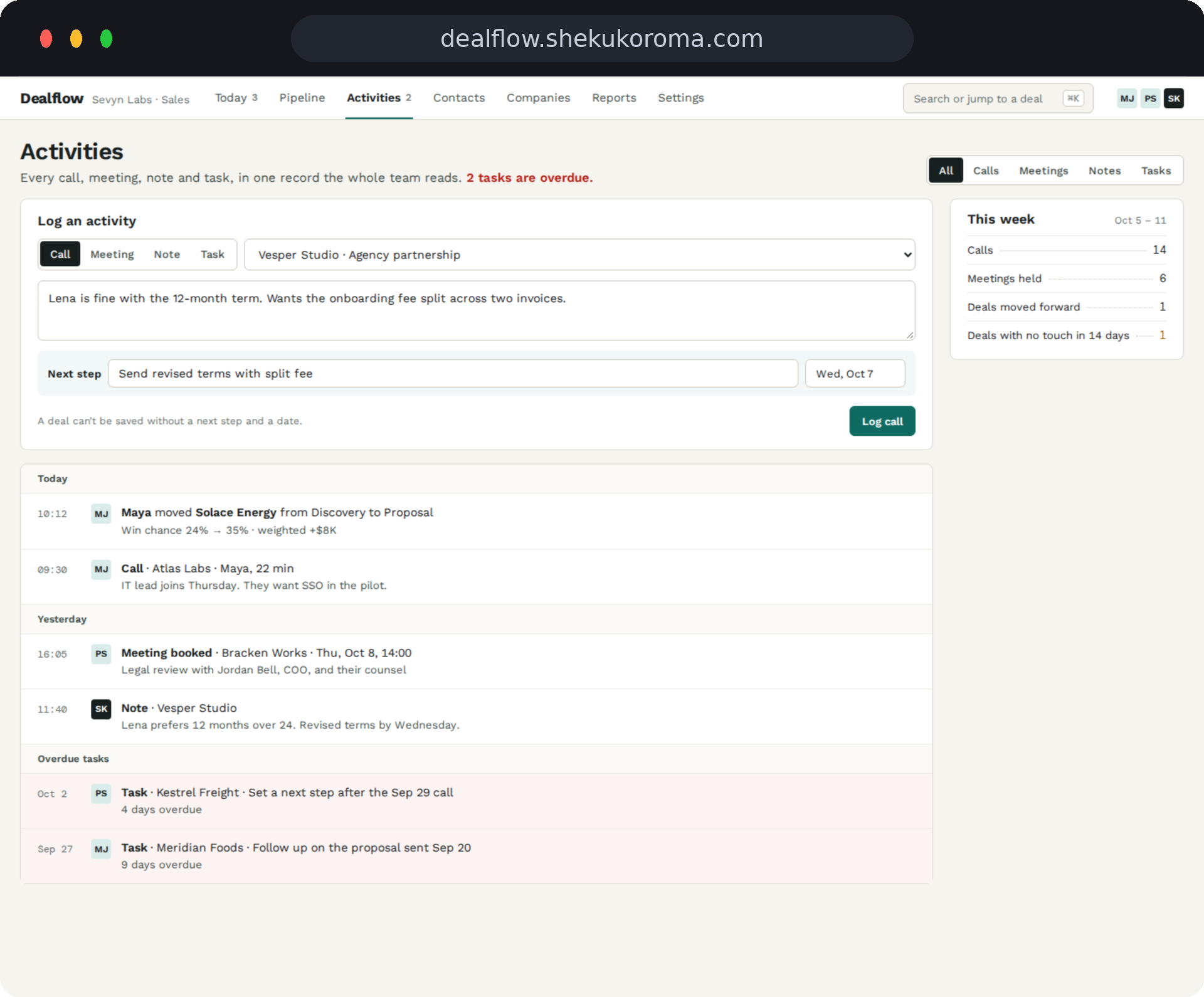 Dealflow — Activities UI screenshot
