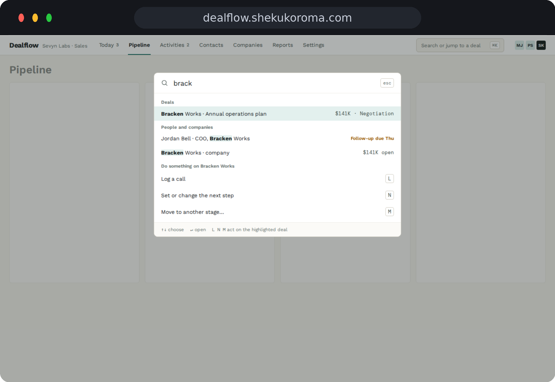 Dealflow — Command palette UI screenshot