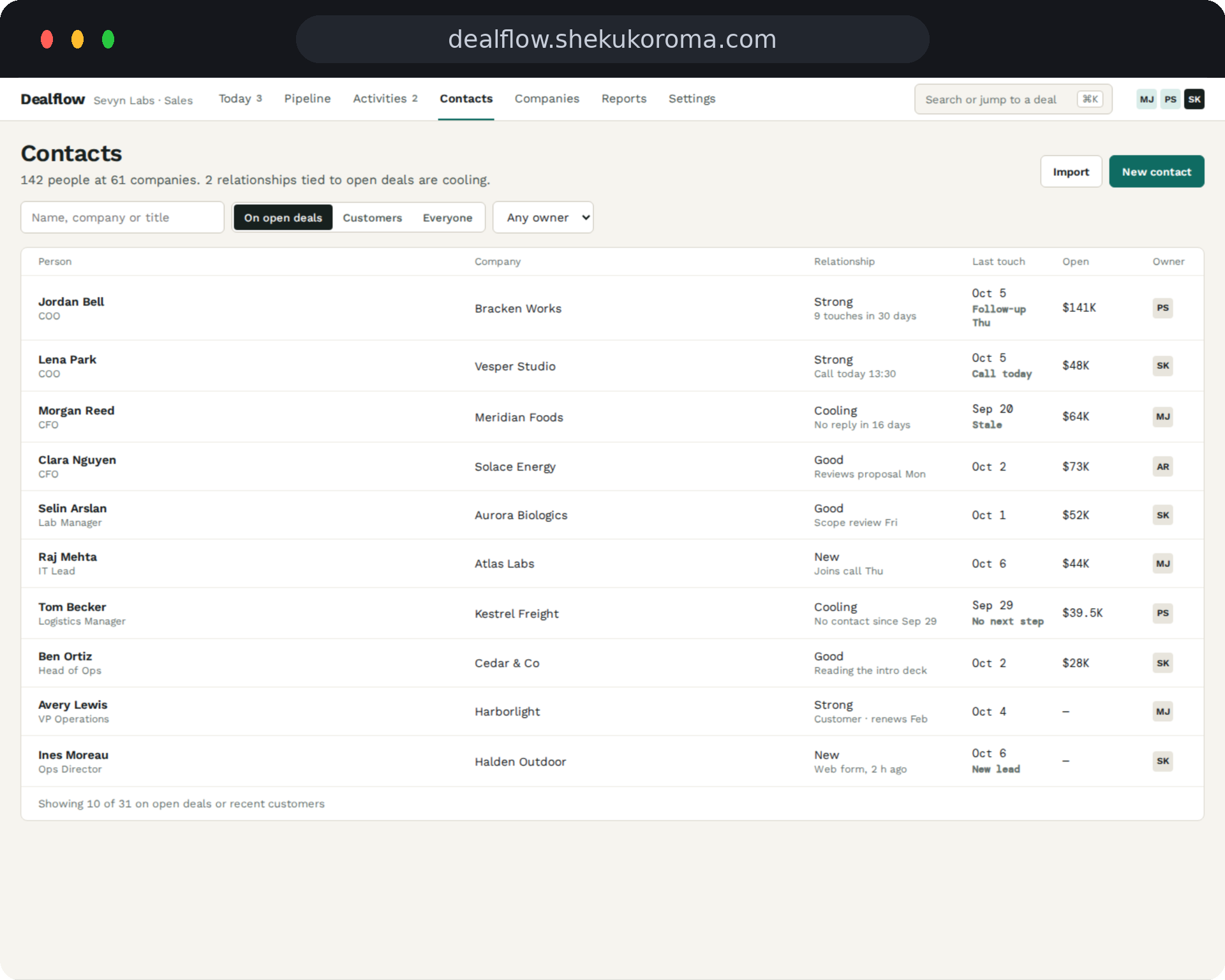 Dealflow — Contacts UI screenshot