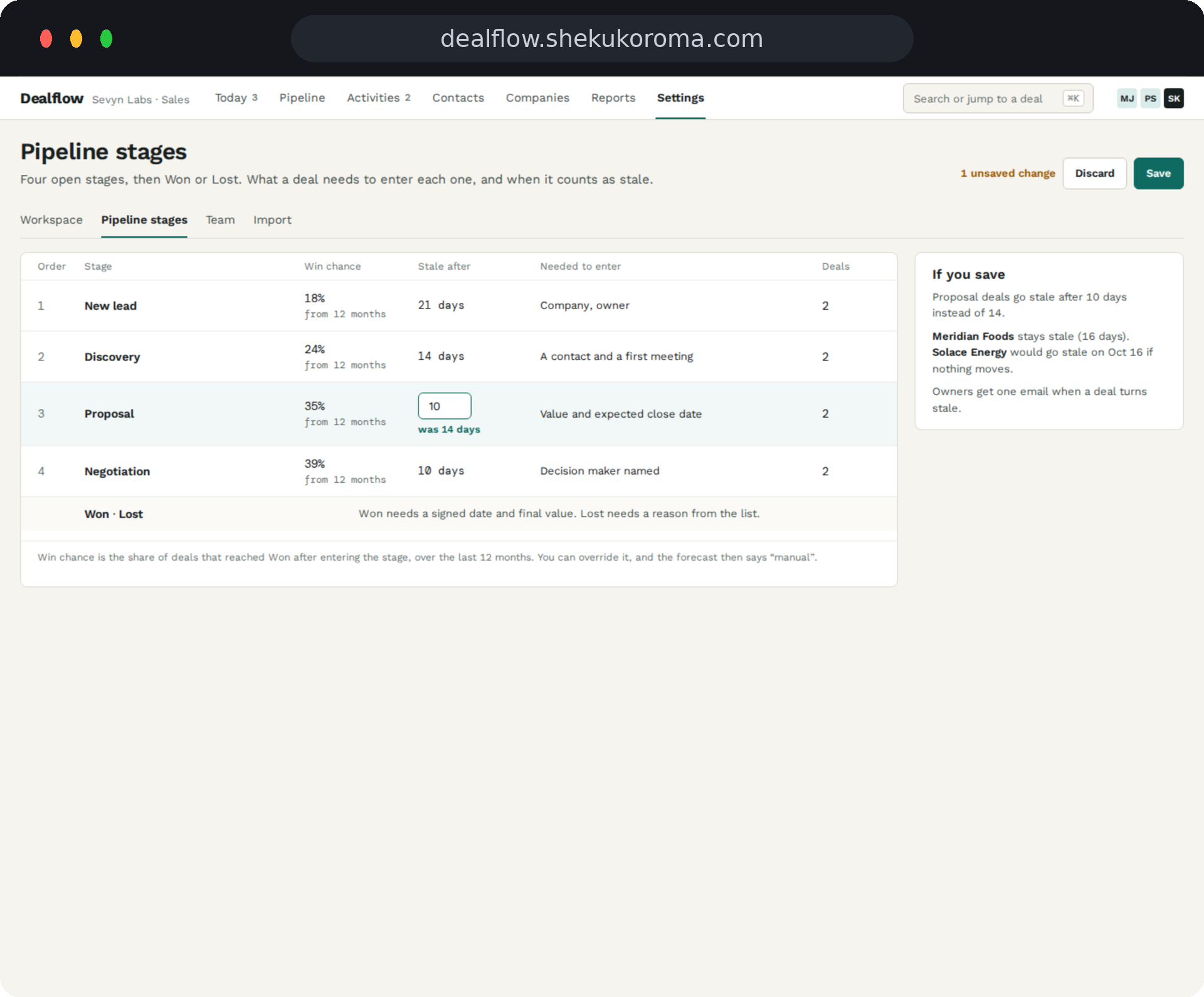 Dealflow — Pipeline stages UI screenshot