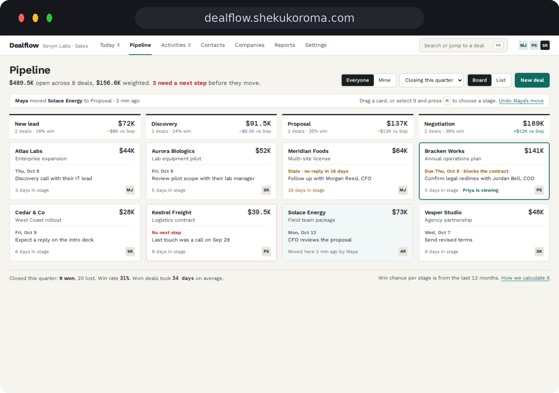 Dealflow — Pipeline board UI screenshot