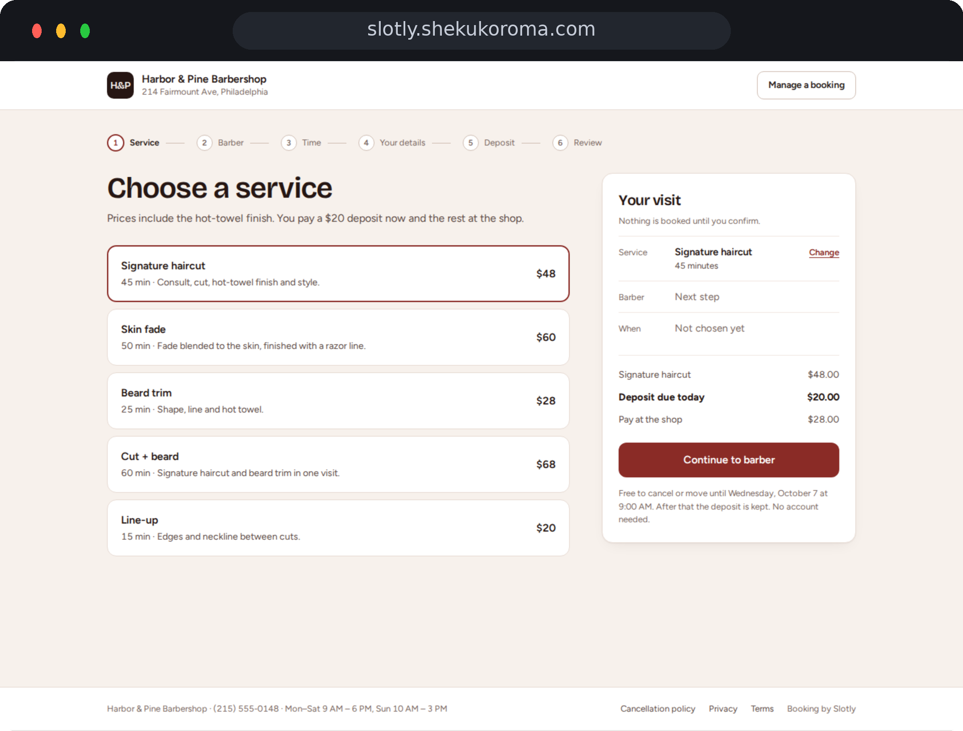 Slotly — Choose a service UI screenshot