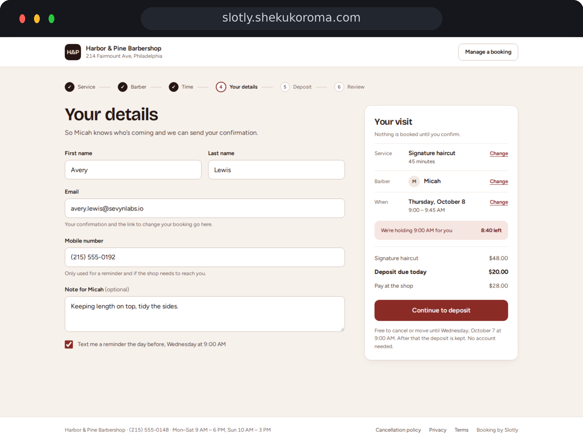 Slotly — Your details UI screenshot