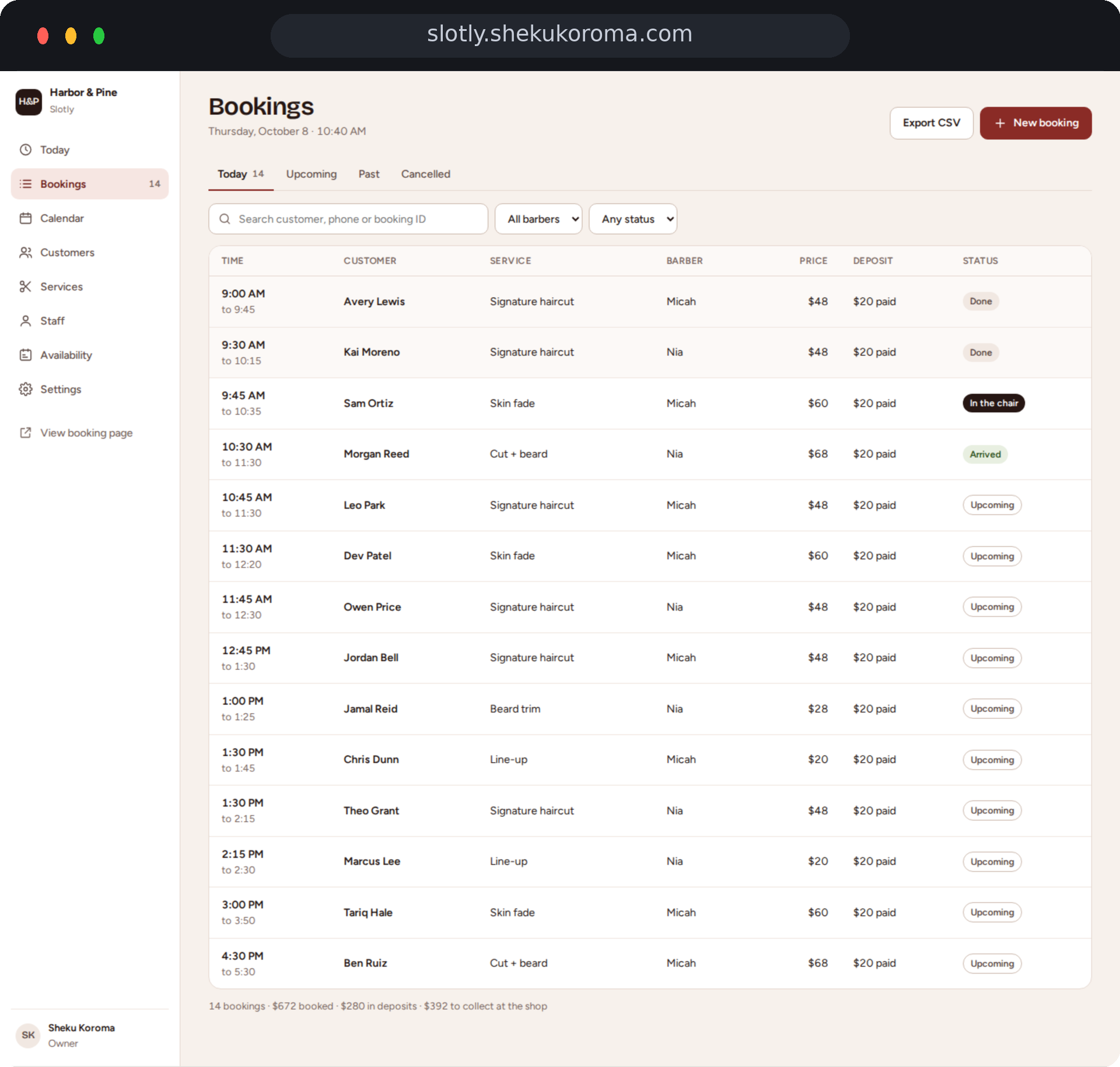Slotly — Bookings UI screenshot