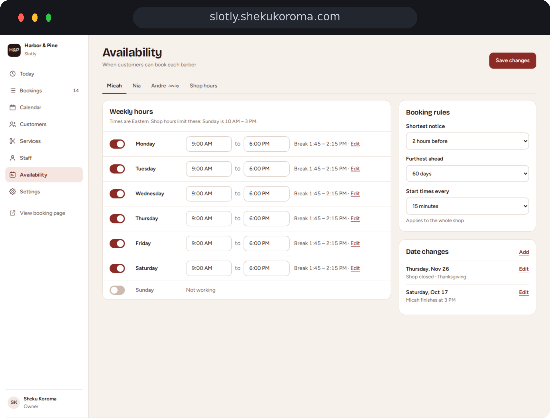 Slotly — Availability UI screenshot