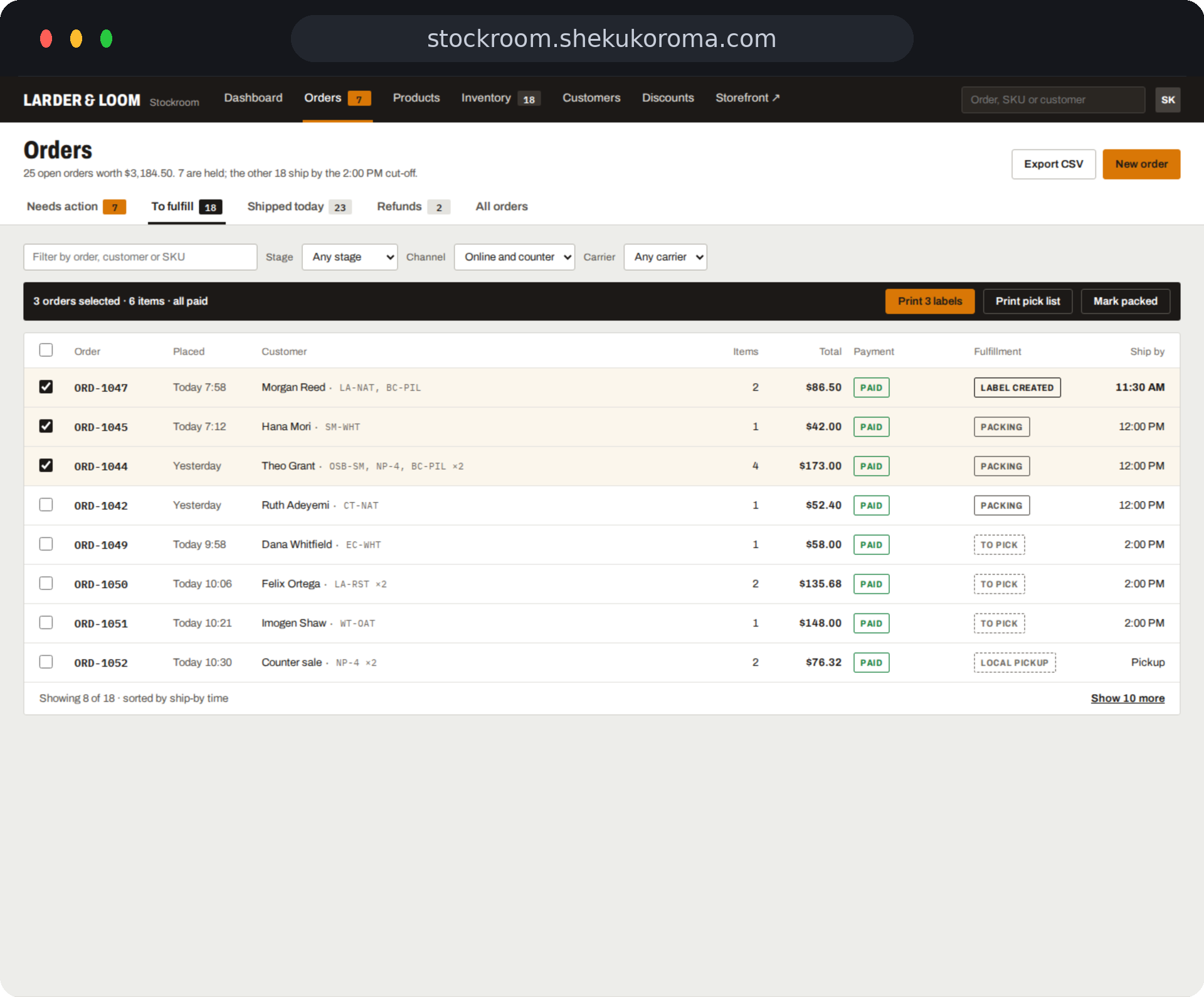 Stockroom — Orders UI screenshot