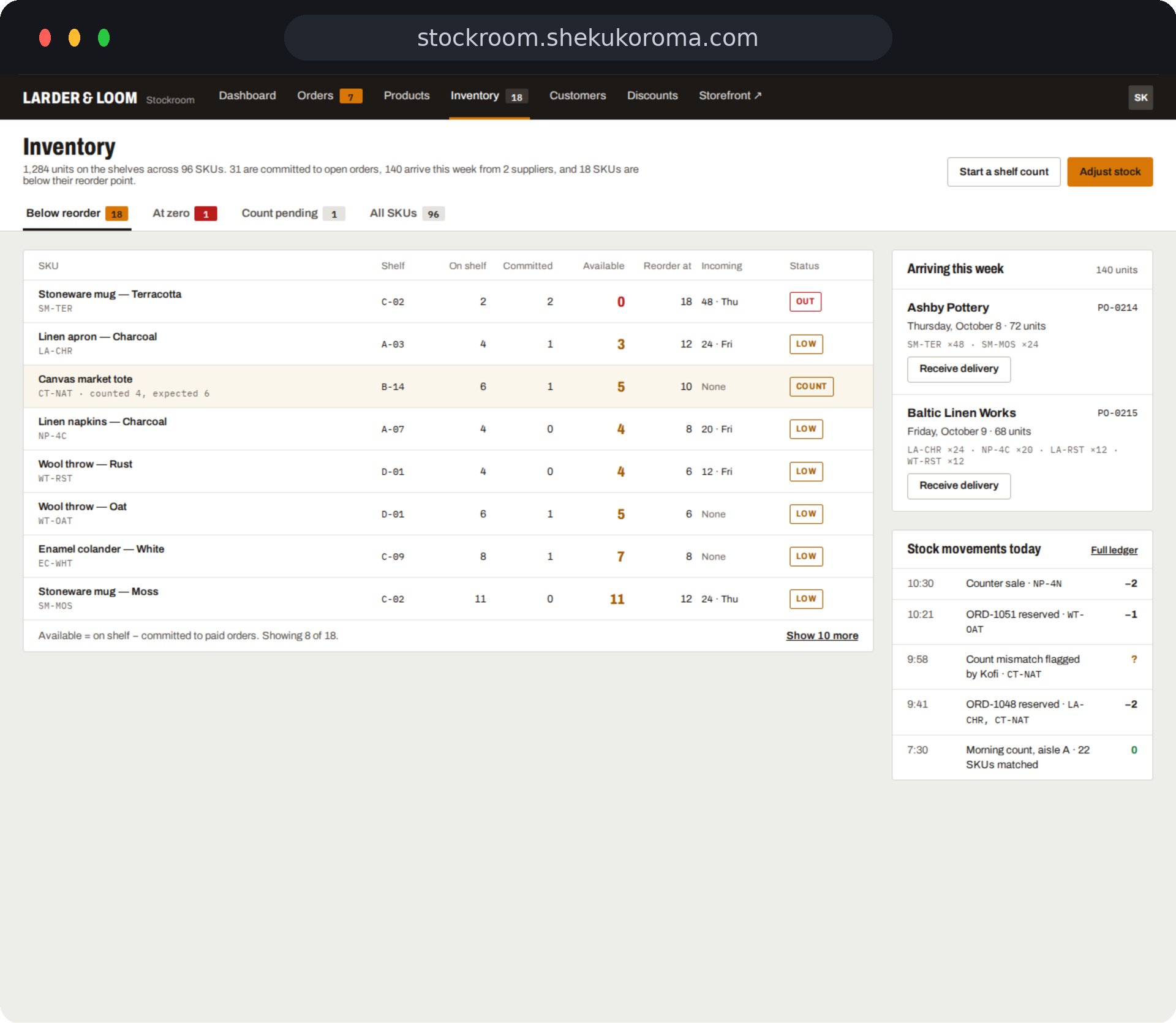 Stockroom — Inventory UI screenshot