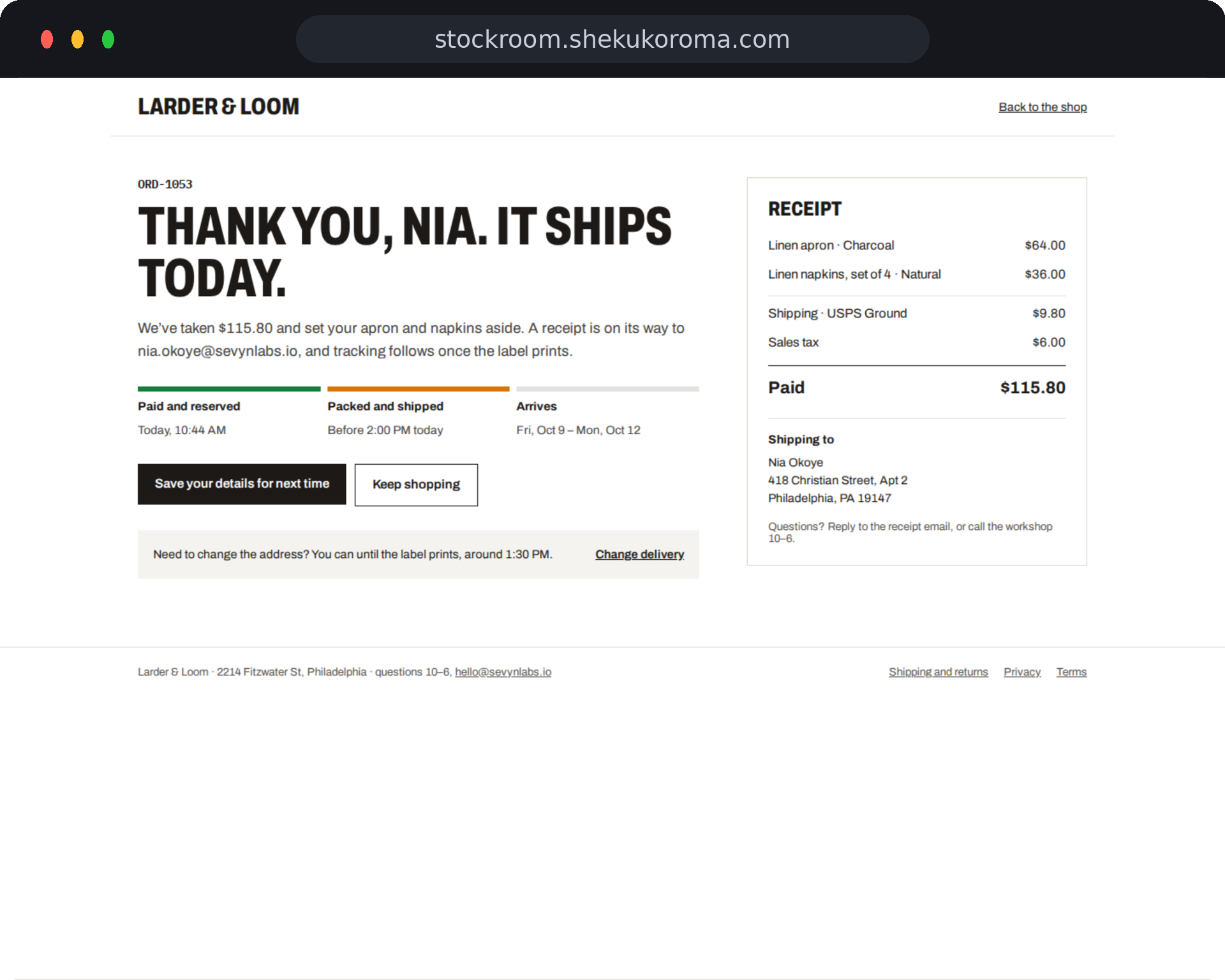 Stockroom — Order confirmation UI screenshot